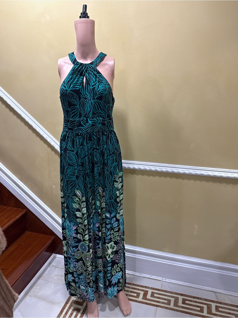 London Times Teal and Black Leaf-Print Halter Maxi Dress - Picture 1 of 9